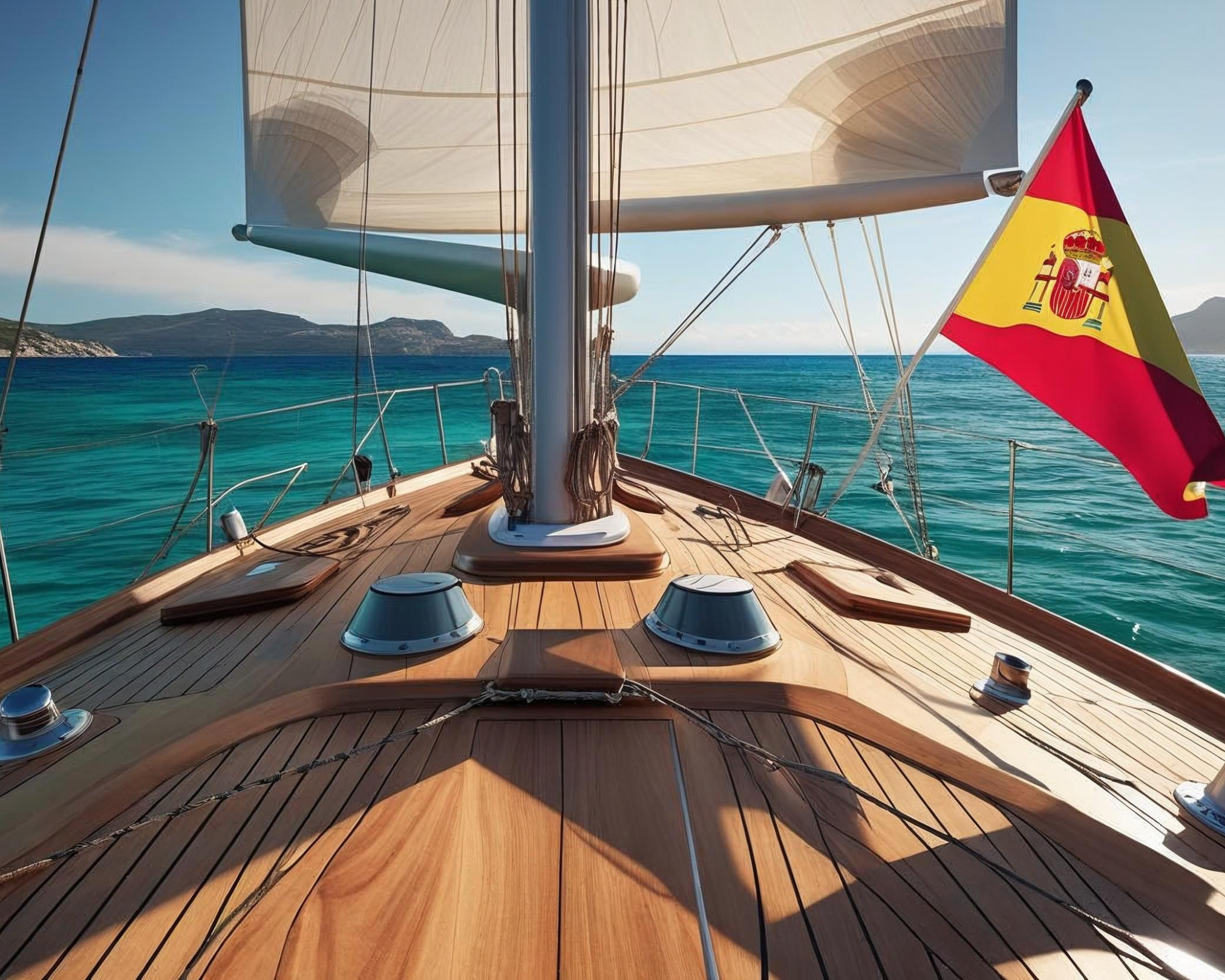 Sailboat with a Spanish flag on a clear day with blue water and mountains in the background