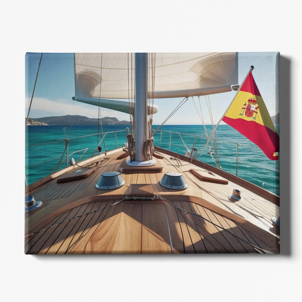 Sailboat on the water with a Spanish flag
