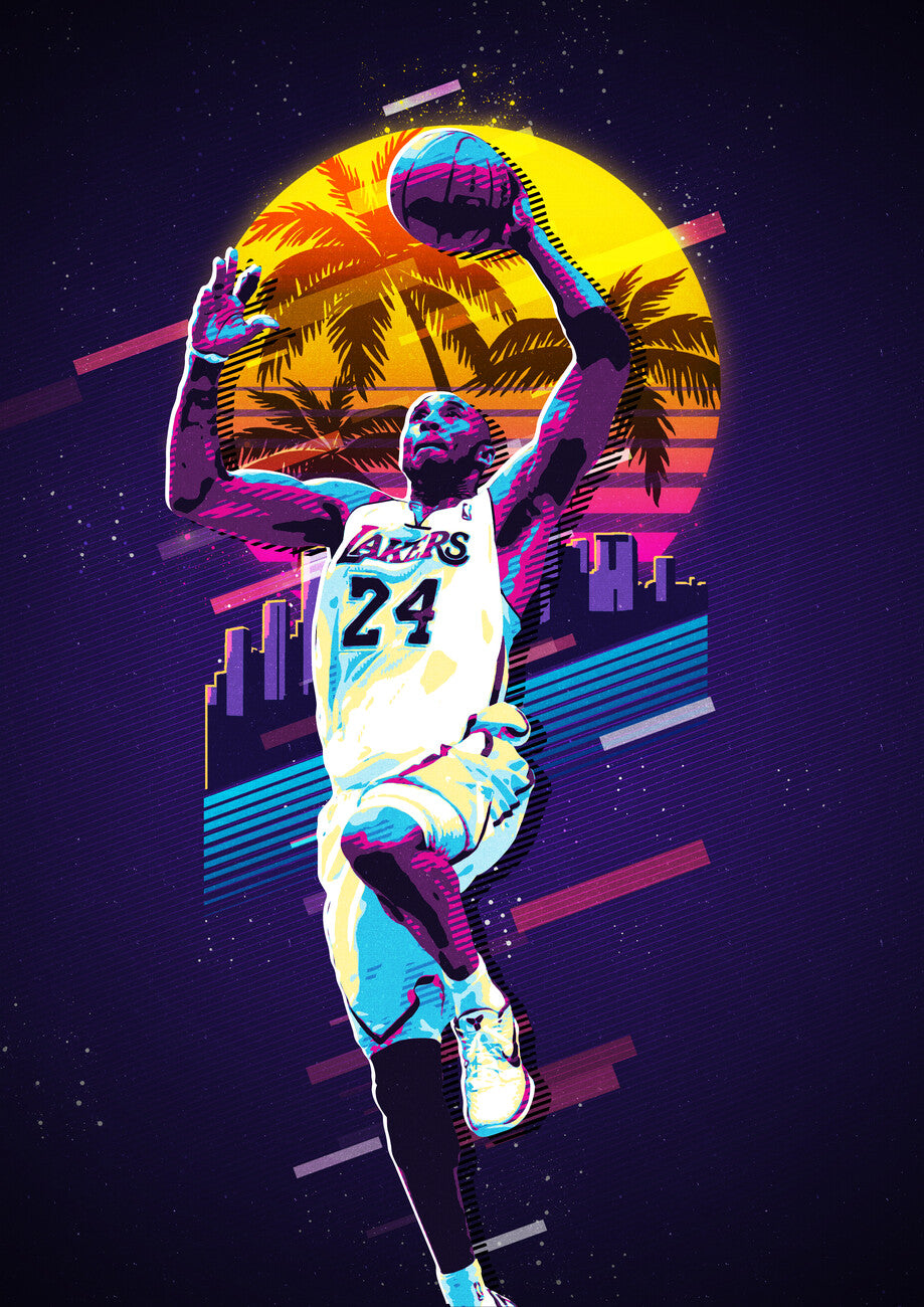 Colorful illustration of a basketball player in action with a sunset and cityscape background.