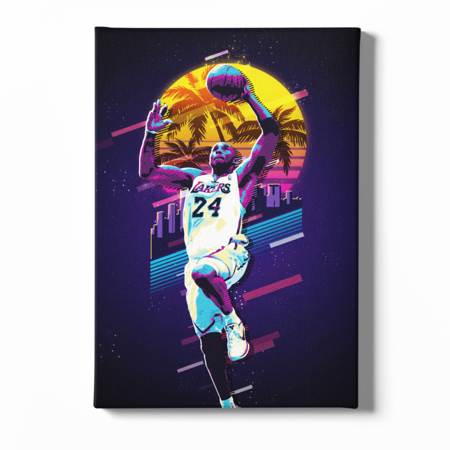 Canvas print of a basketball player in action with a colorful sunset and cityscape background.