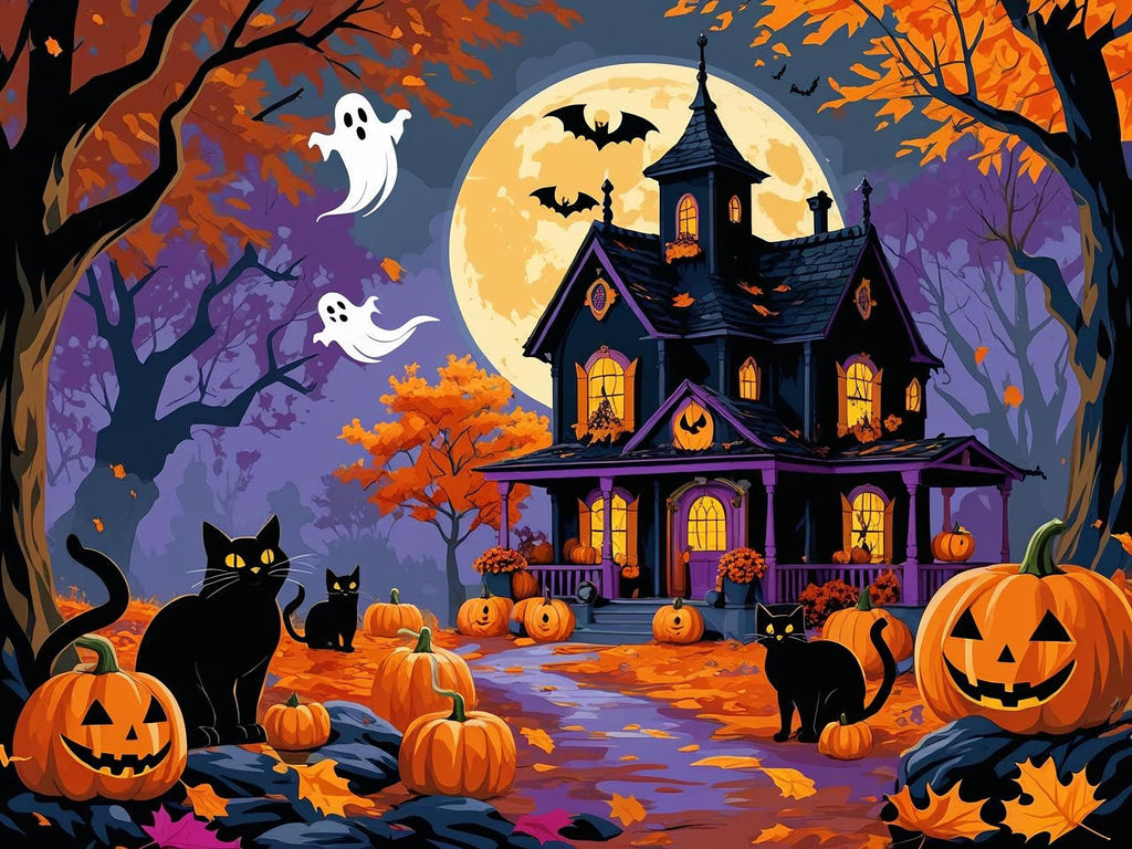 Halloween-themed illustration with a haunted house, pumpkins, cats, and ghosts.