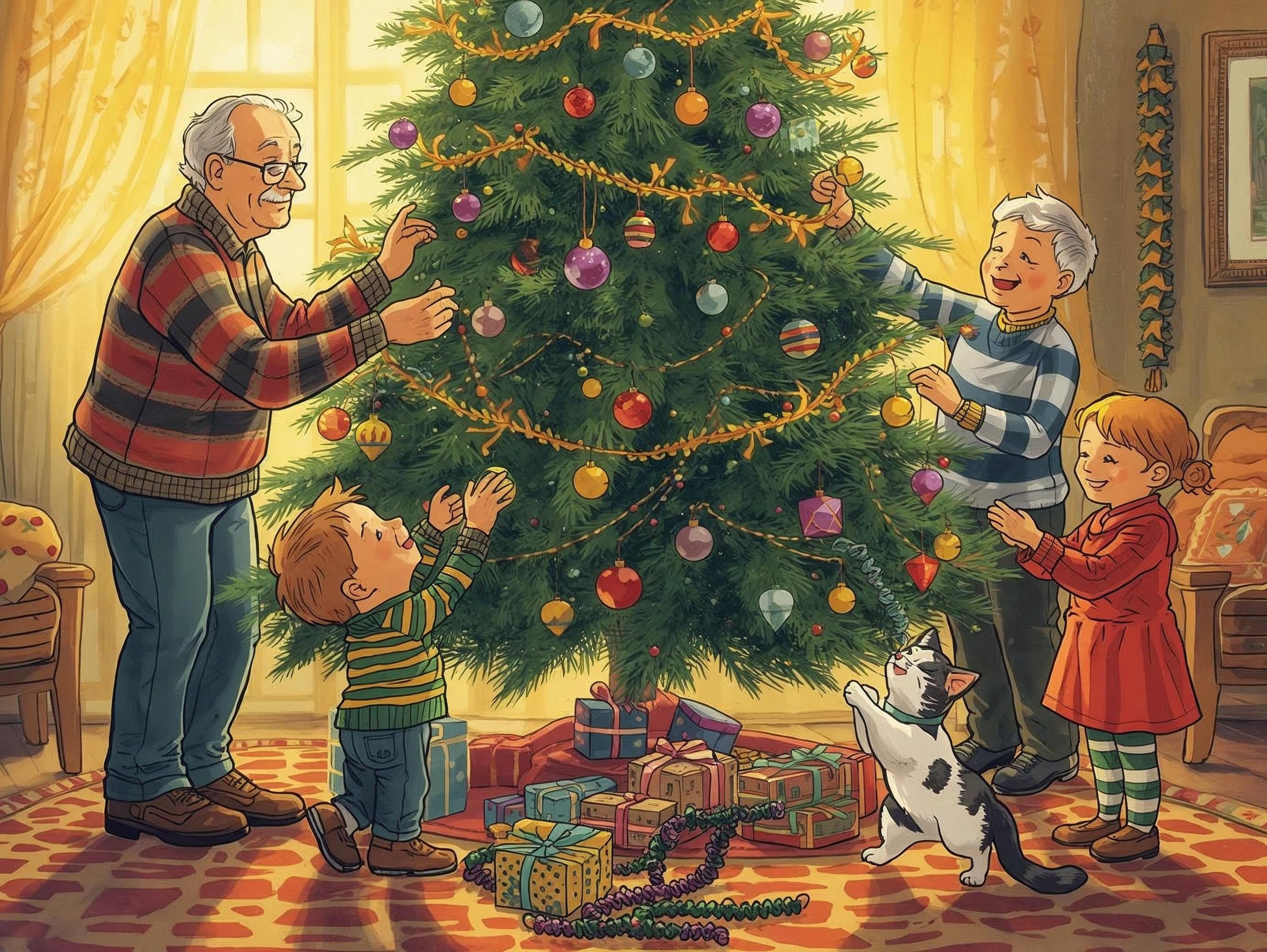 Family decorating a Christmas tree with ornaments and presents underneath.