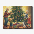 Family decorating a Christmas tree with presents underneath, featuring an older man, two children, and a dog.