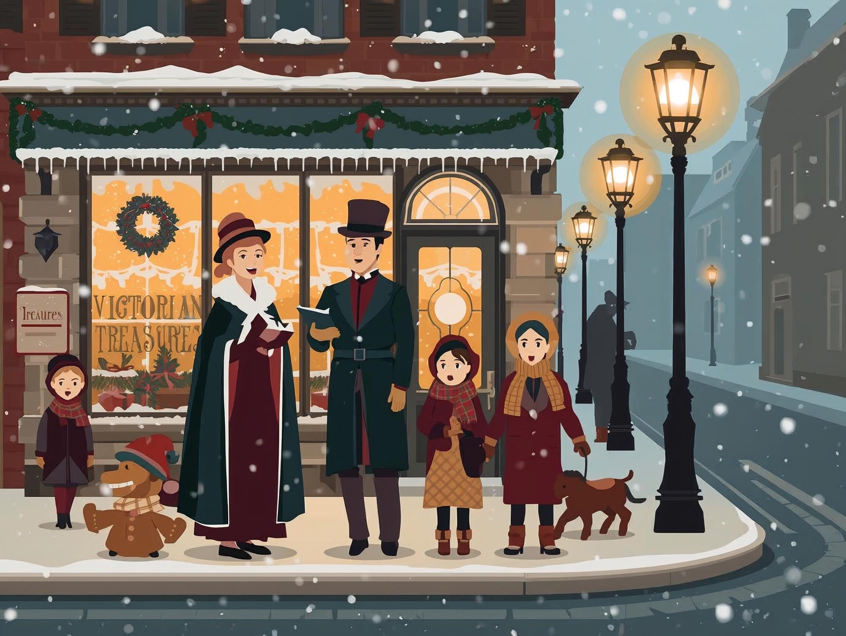 Illustration of a Victorian street scene with people and a store front.