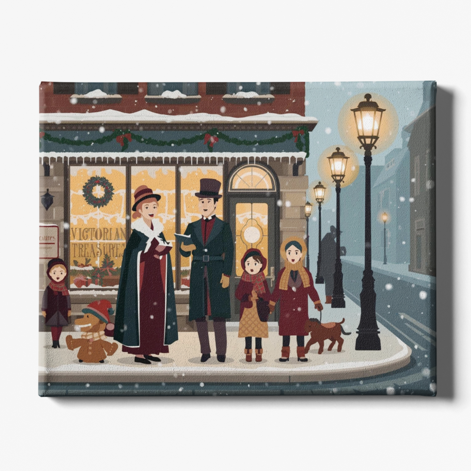 Illustration of a family in Victorian clothing walking a dog on a snowy street with a decorated shop window.