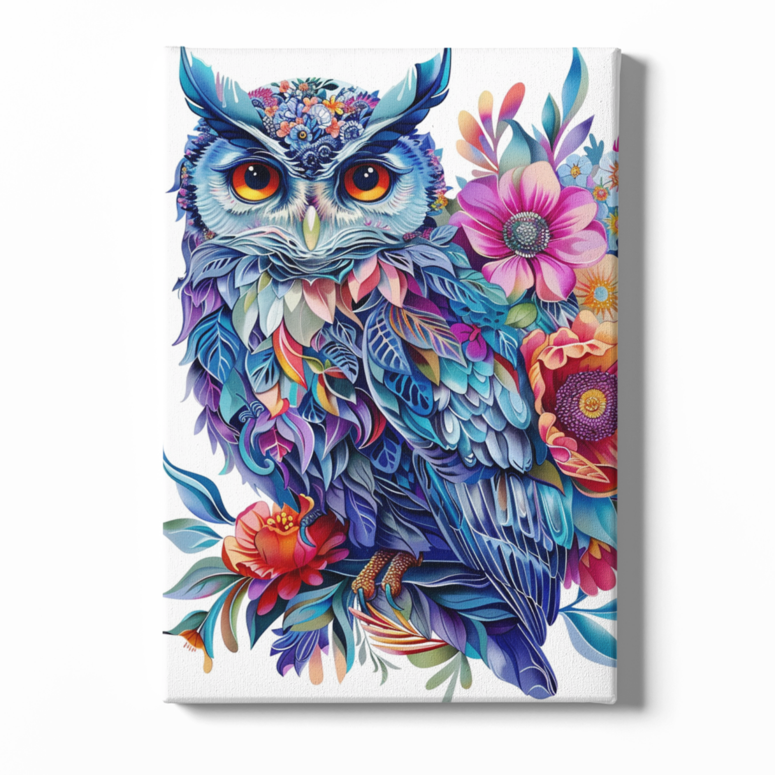 Colorful owl artwork with flowers on a white background