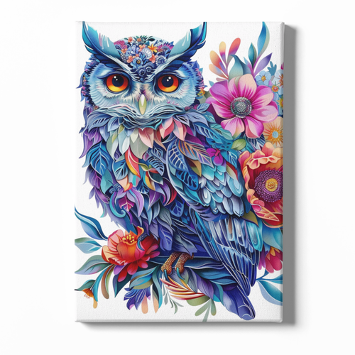 Colorful owl artwork with flowers on a white background