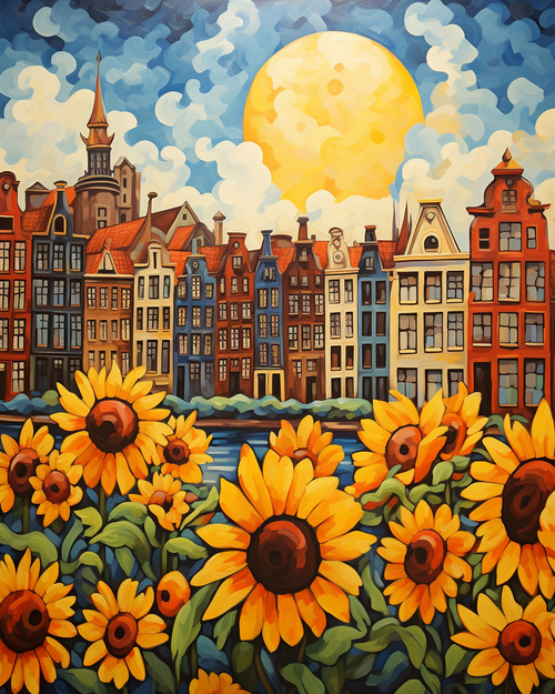 Painting of sunflowers in front of a cityscape with a large moon in the sky.