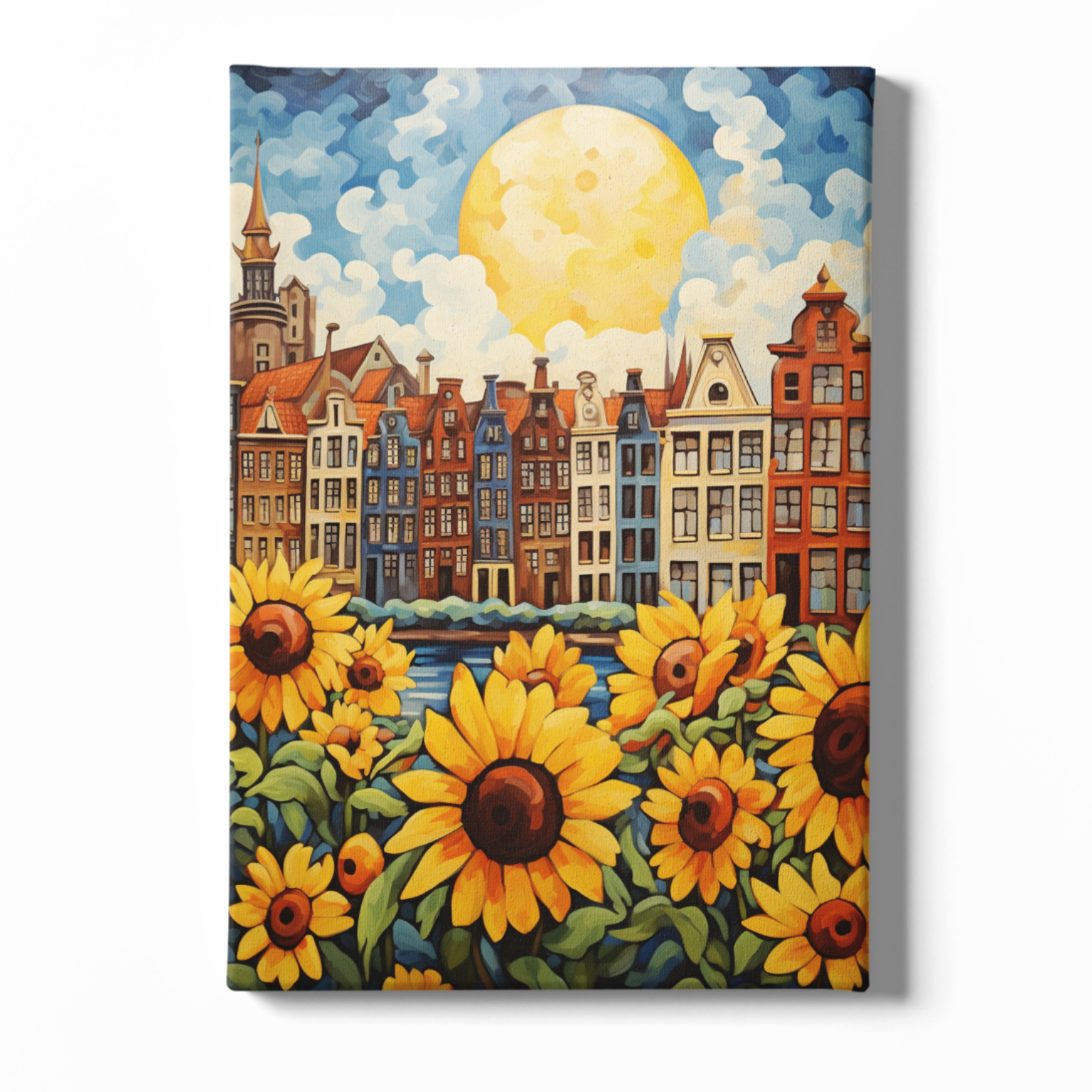 Canvas print with sunflowers and a cityscape in the background