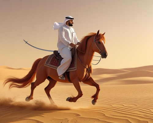 Man riding a horse in the desert with a sword on his back