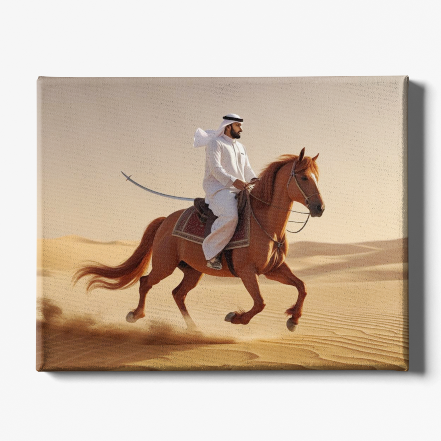 Man riding a horse in a desert landscape on a canvas print