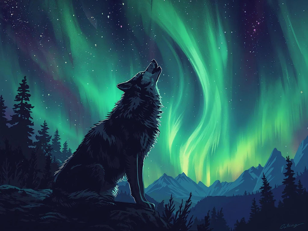 Wolf howling at the Aurora Borealis in a forest setting