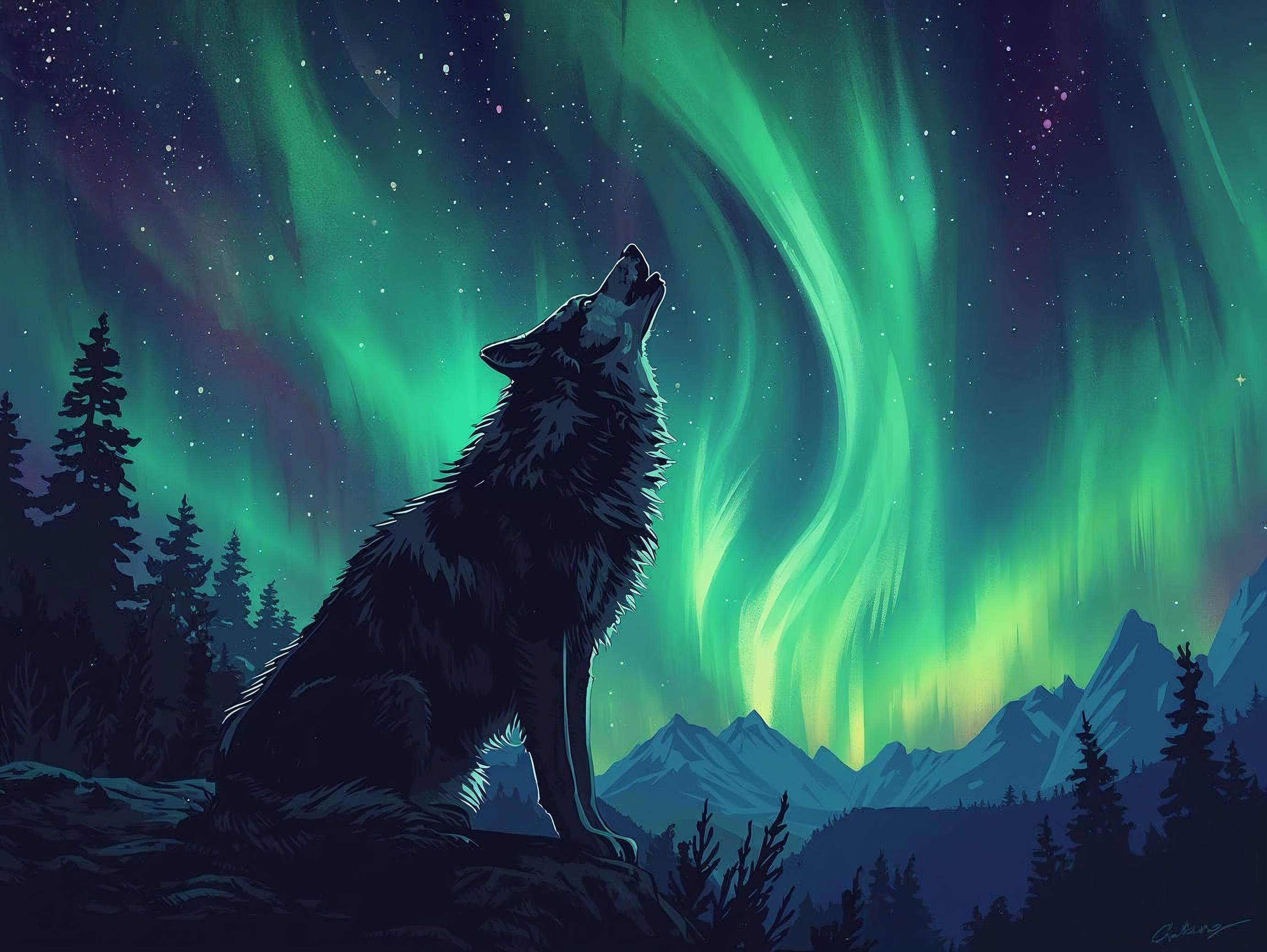 Wolf howling at the Aurora Borealis in a forest setting