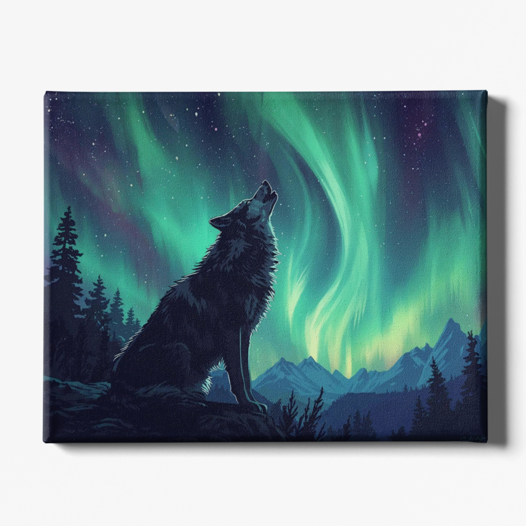 Wolf howling at the Northern Lights with mountains and trees in the background