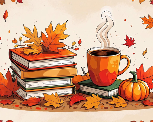 Illustration of a steaming mug of coffee on books with autumn leaves and pumpkins.