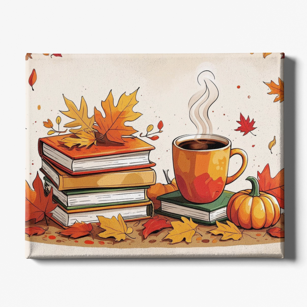 Decorative panel with a cup of coffee, books, and autumn leaves on a white background