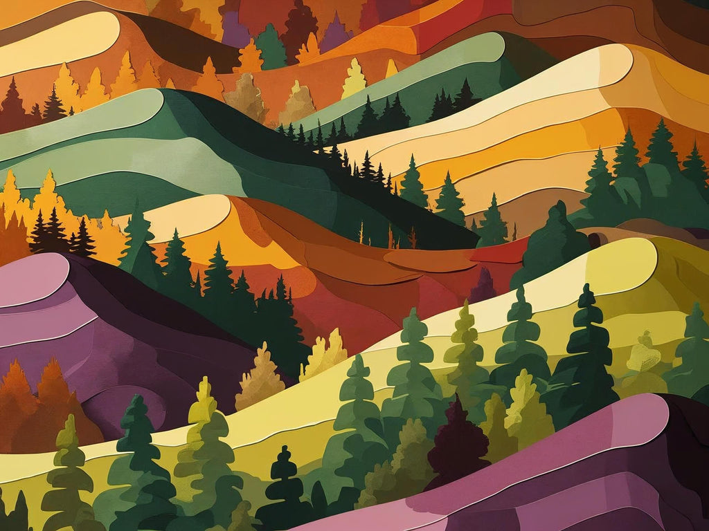 Colorful stylized landscape with mountains and trees