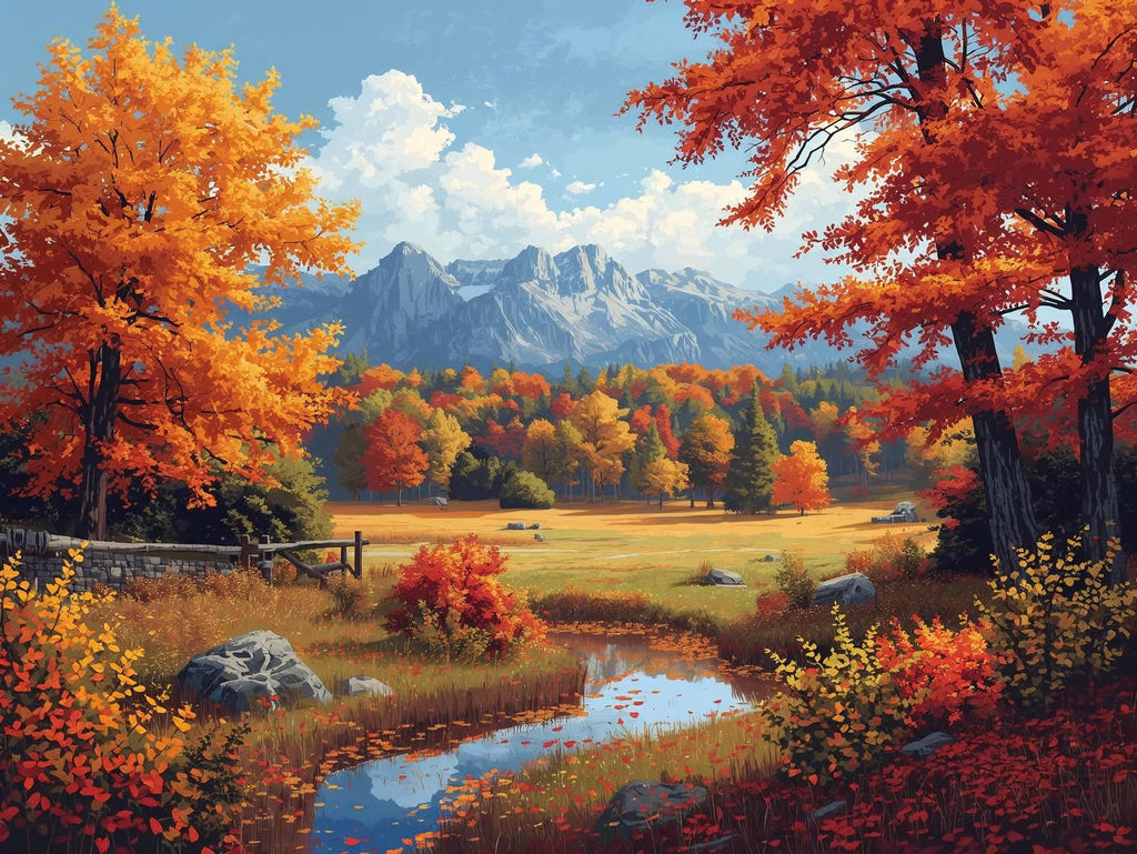 Autumn landscape with colorful trees, a stream, and mountains in the background.