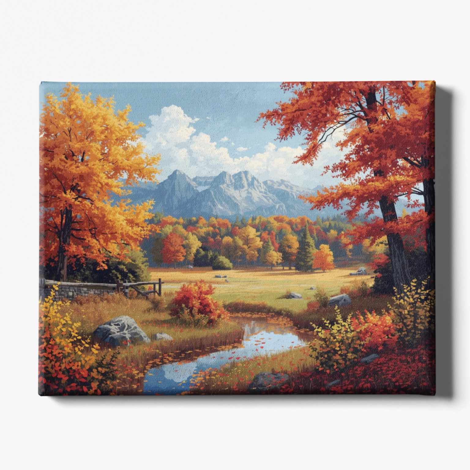 Canvas print of a scenic autumn landscape with trees, mountains, and a stream.