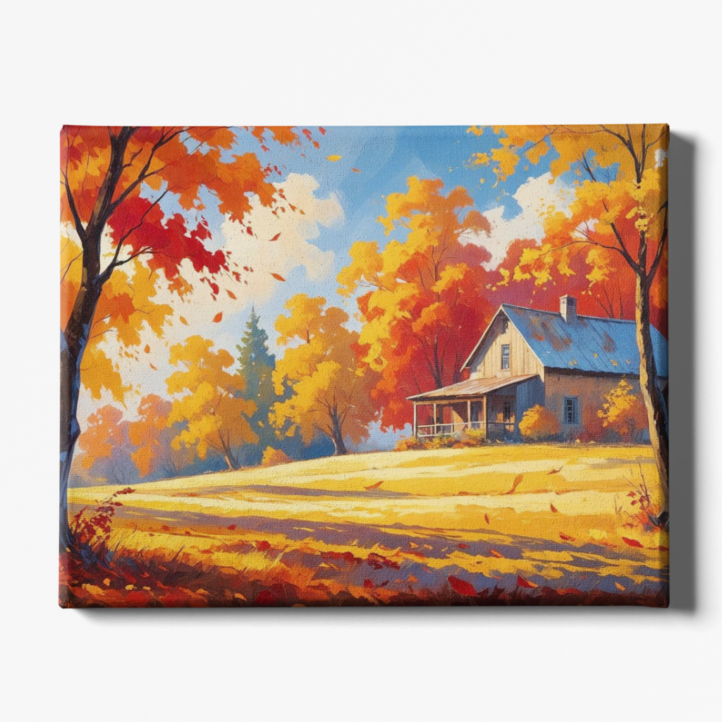 Painting of a house surrounded by trees with autumn foliage on a white background
