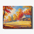 Painting of a house surrounded by trees with autumn foliage on a white background