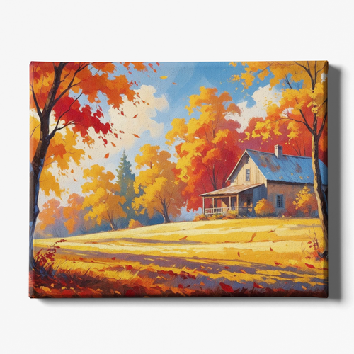 Painting of a house surrounded by trees with autumn foliage on a white background