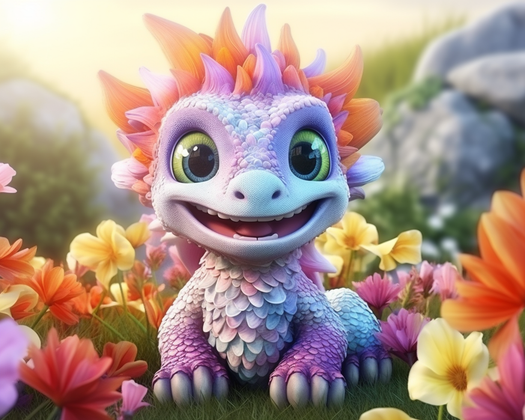 Colorful cartoon dragon character in a garden with flowers