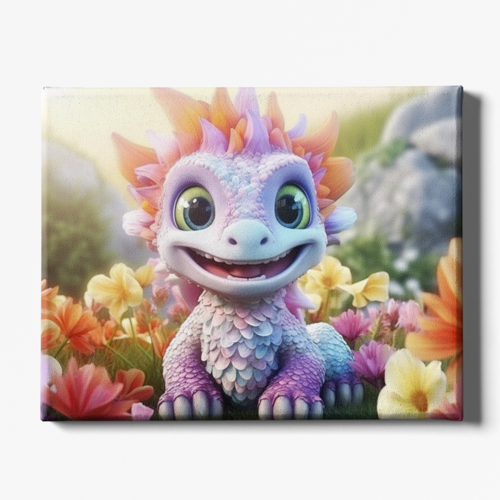 Colorful cartoon dragon in a garden setting