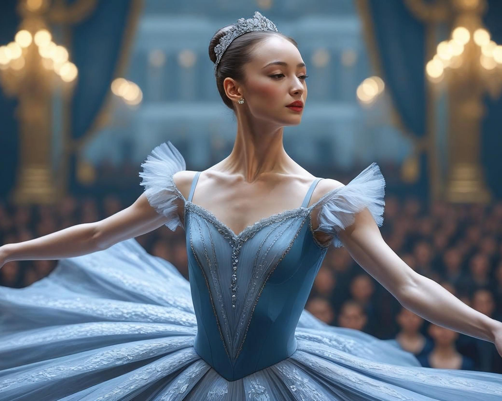 Ballerina in a blue dress with a tiara in a theater setting