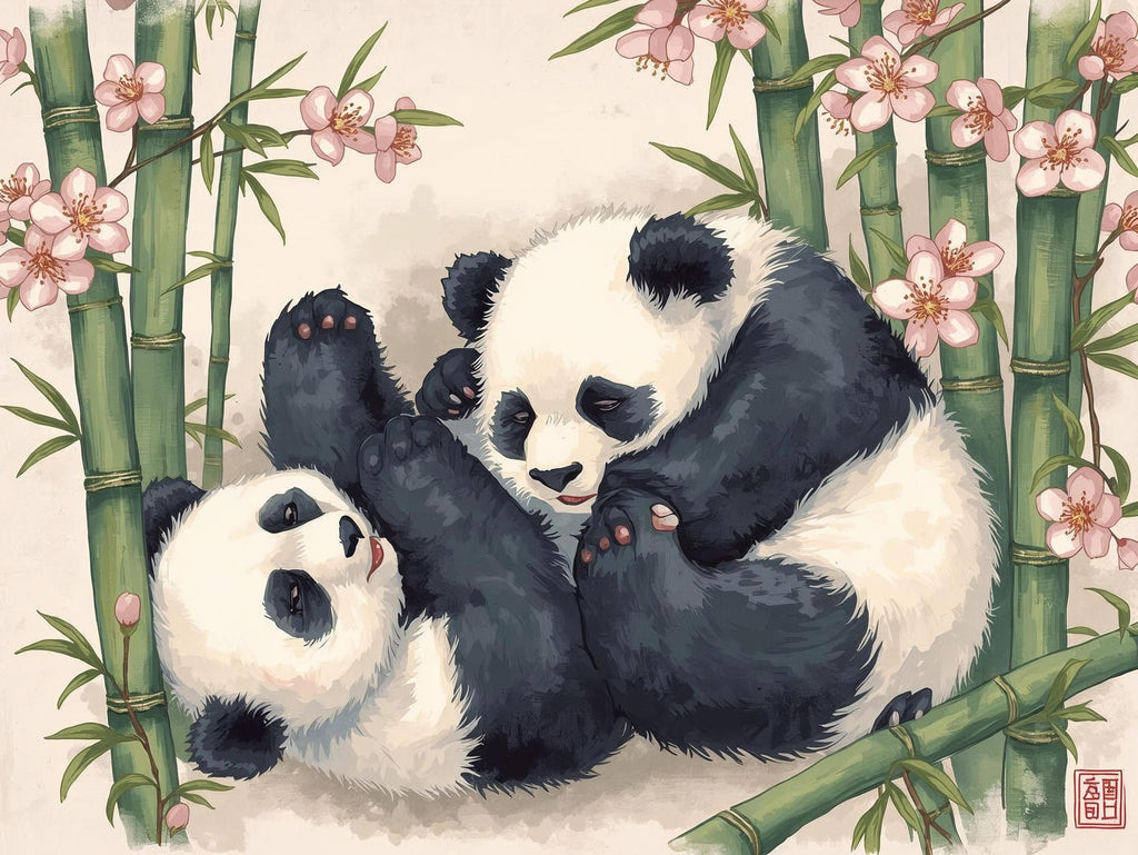 Two pandas playing among bamboo and flowers on a light background