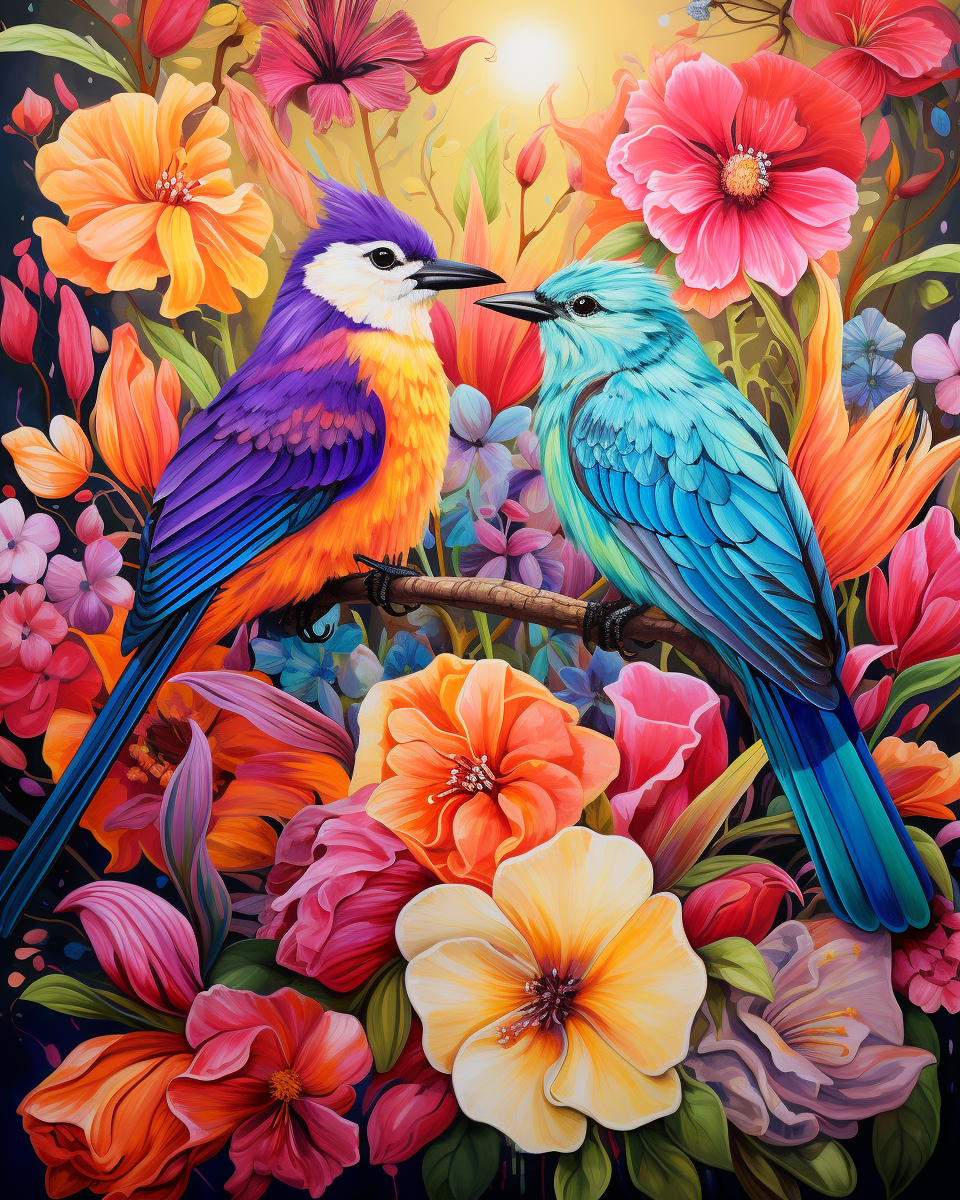 Two colorful birds perched on a branch surrounded by vibrant flowers