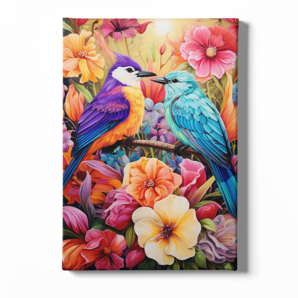 Canvas print with two colorful birds on a branch surrounded by flowers