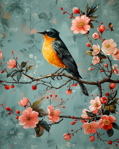 Bird perched on a branch with pink flowers and red berries against a teal background