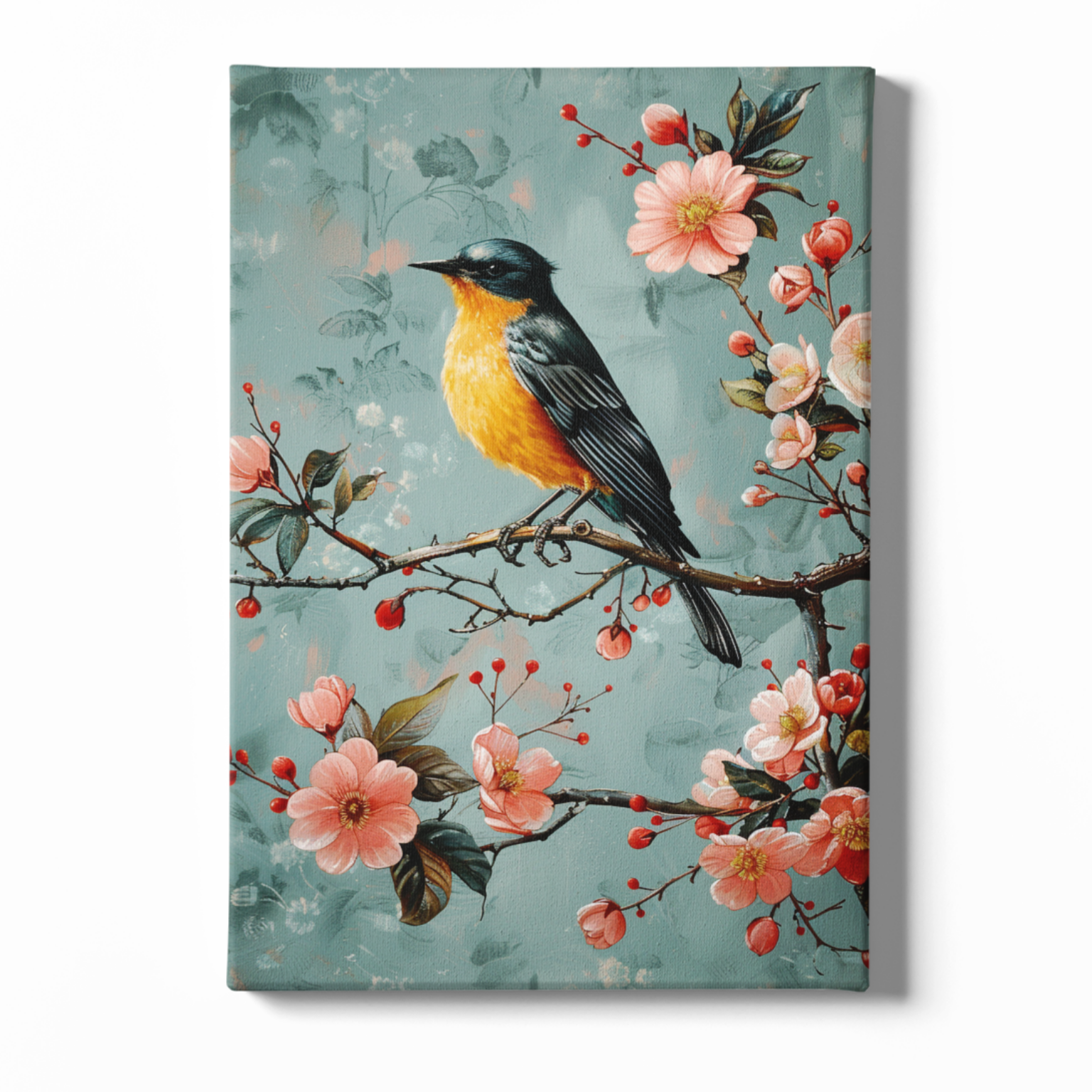 Canvas print with a bird and floral branch design on a teal background