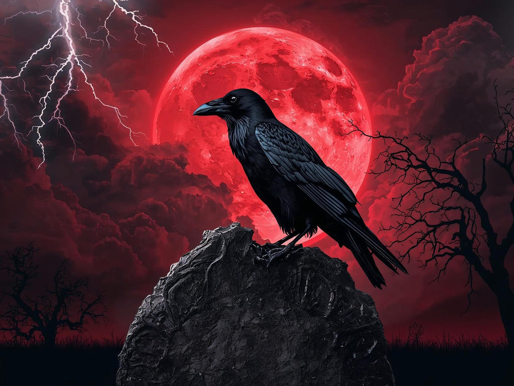Black crow perched on a rock with a red moon and lightning in the background