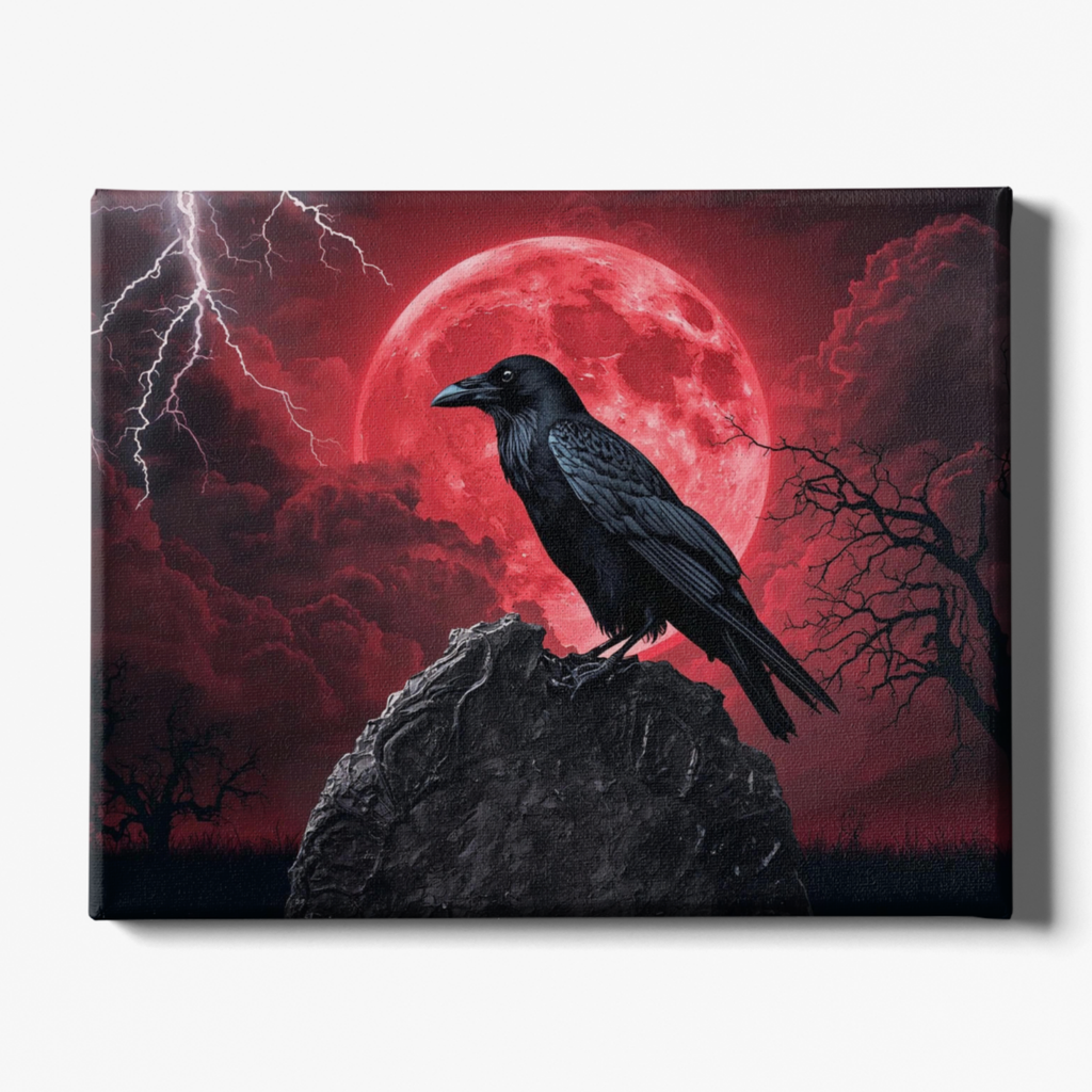 Canvas print with a black crow on a rock against a red moon and stormy sky.
