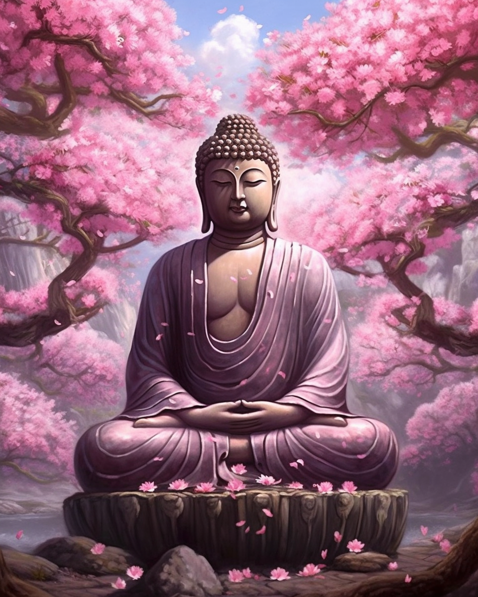 Buddha statue in a serene setting with cherry blossom trees