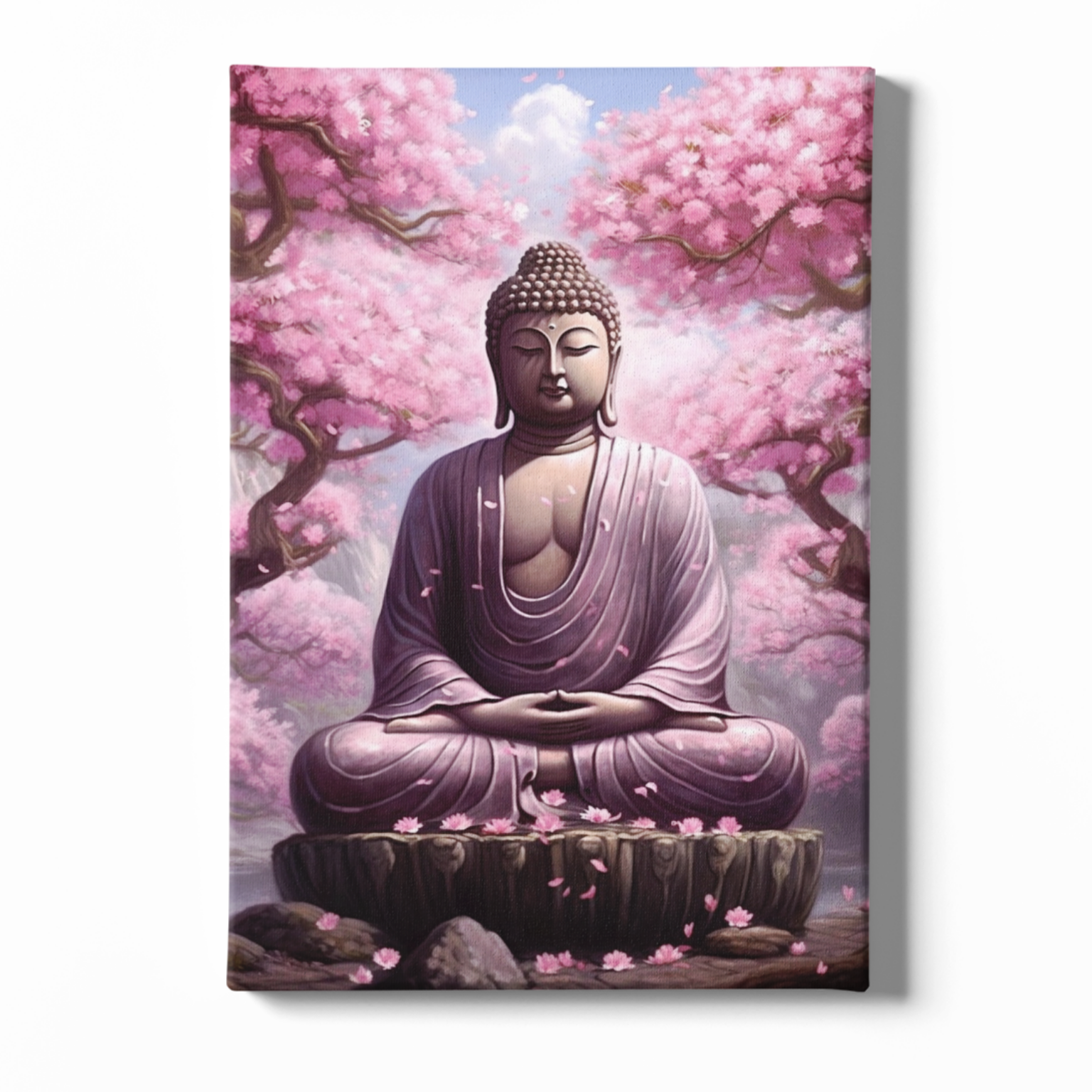 Buddha statue with cherry blossom trees in the background