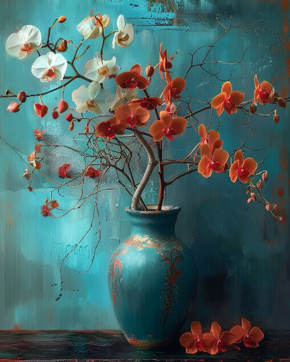 Decorative painting of a vase with red and white flowers against a teal background