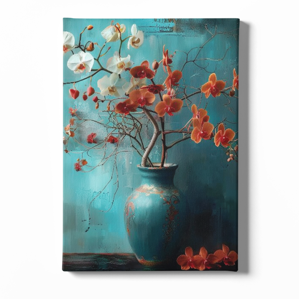 Canvas print of a floral arrangement in a blue vase on a textured teal background