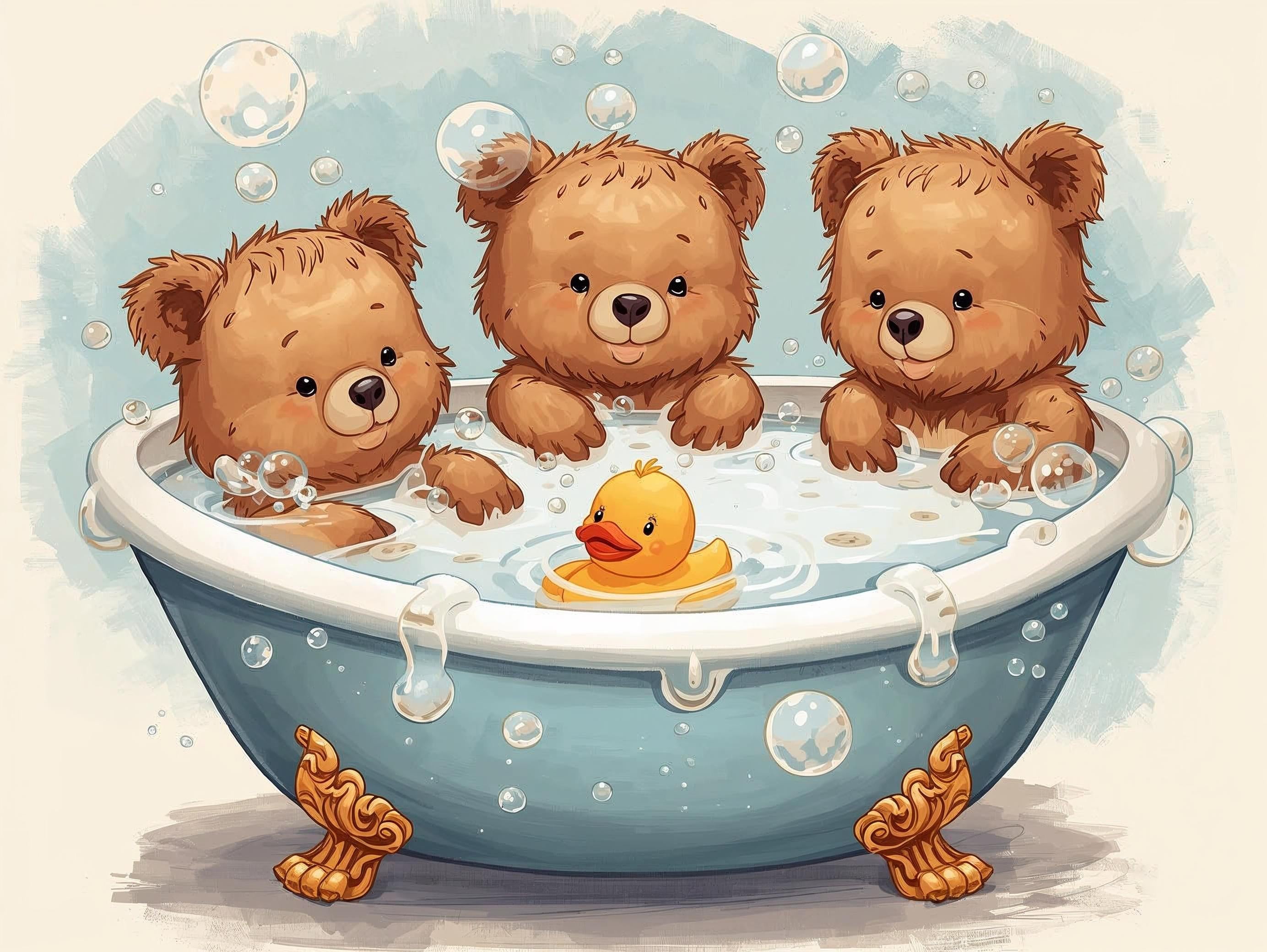 Three teddy bears in a bathtub with a rubber duck and bubbles.
