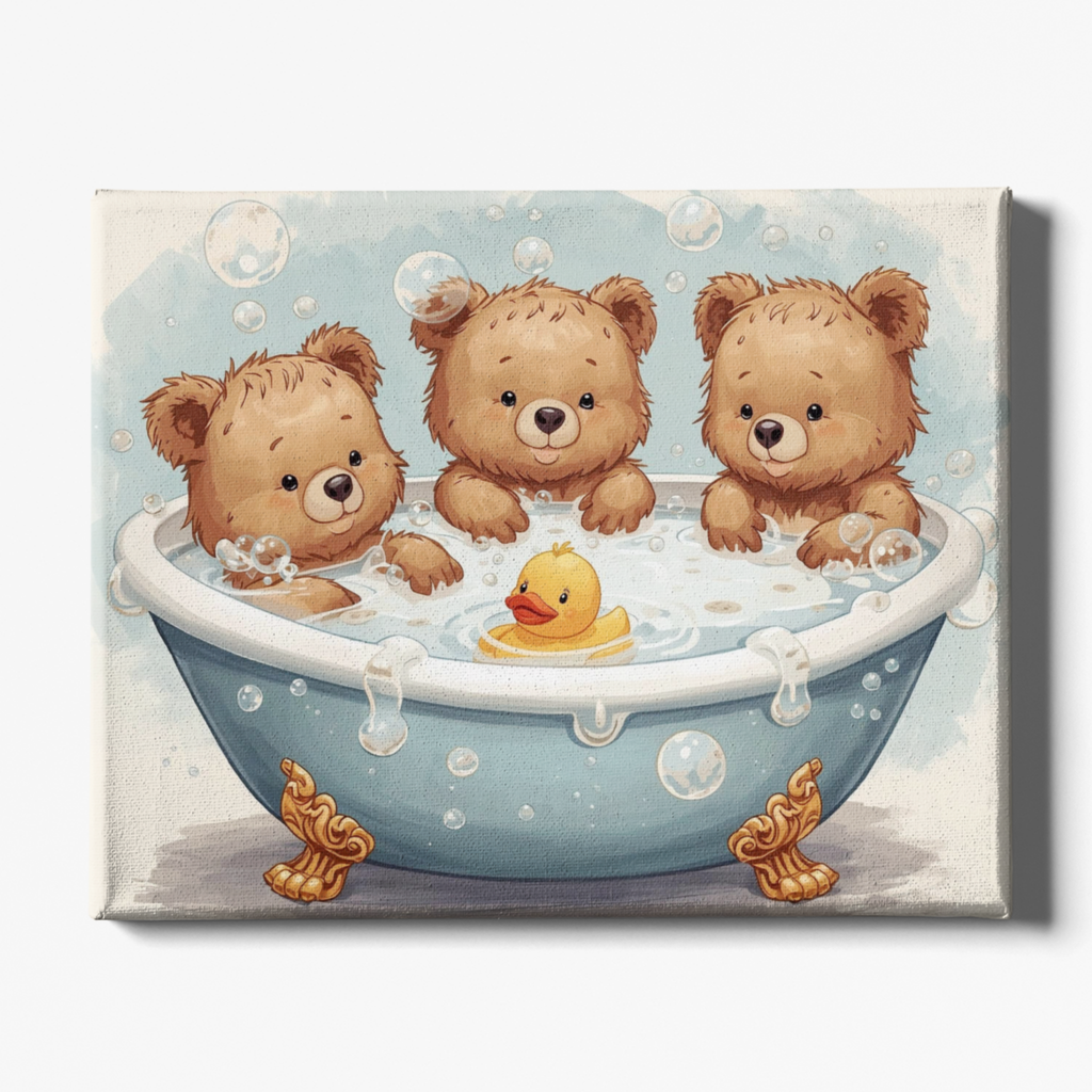 Three teddy bears in a bathtub with a rubber duck and bubbles on a light blue background.