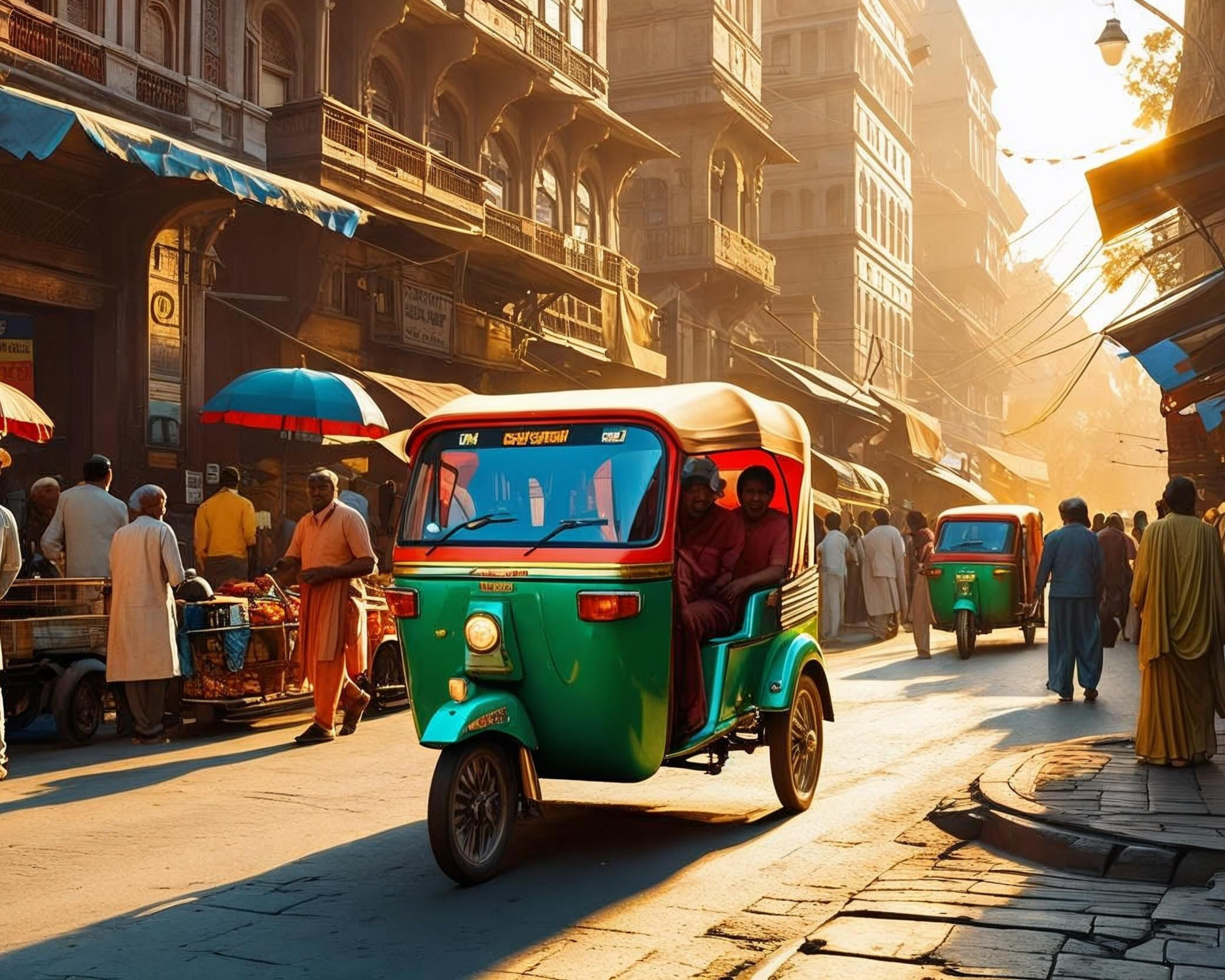 Colorful auto-rickshaw on a busy street with people and buildings in the background