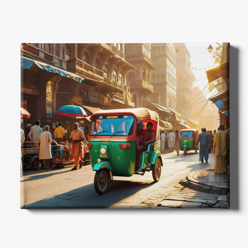 Colorful rickshaw on a busy street with people and buildings in the background