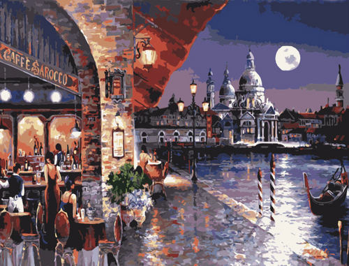 Venetian street scene with a bar, gondola, and Basilica di Santa Maria della Salute at night.