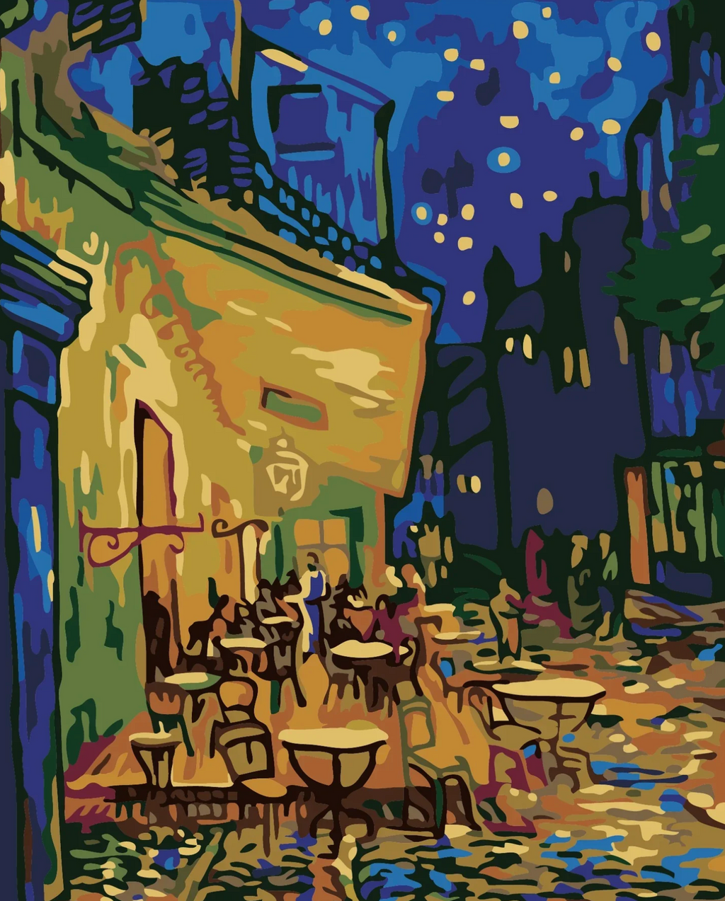 Painting of an outdoor cafe scene at night with people sitting and a starry sky.