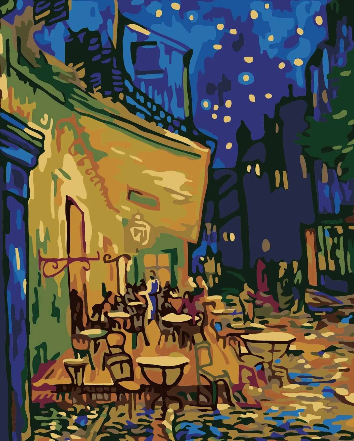 Painting of an outdoor cafe scene at night with people sitting and a starry sky.