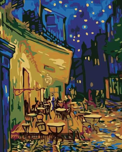 Painting of an outdoor cafe scene at night with people sitting and a starry sky.