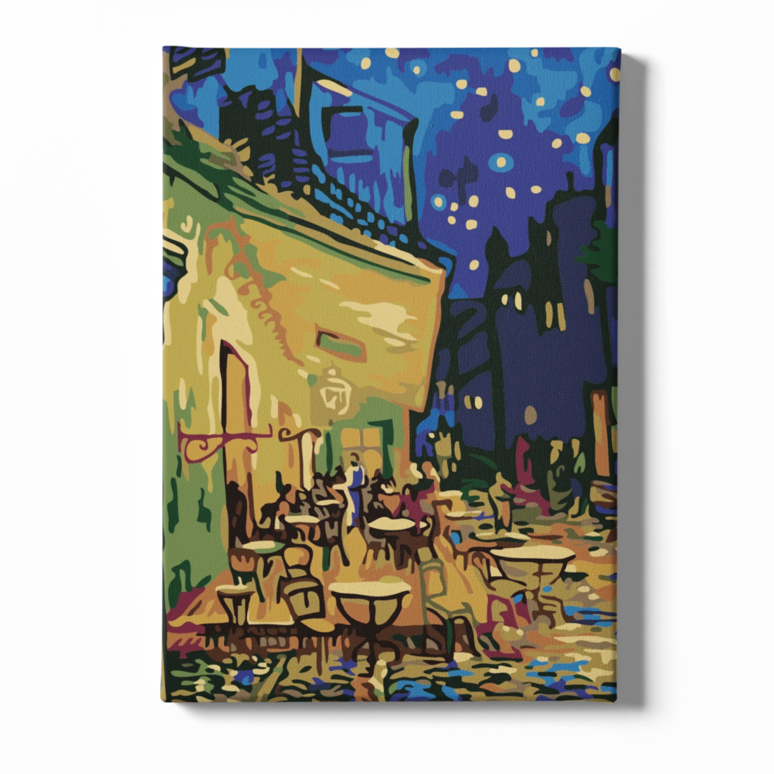 Colorful painting of a street scene with people at tables under a starry sky.