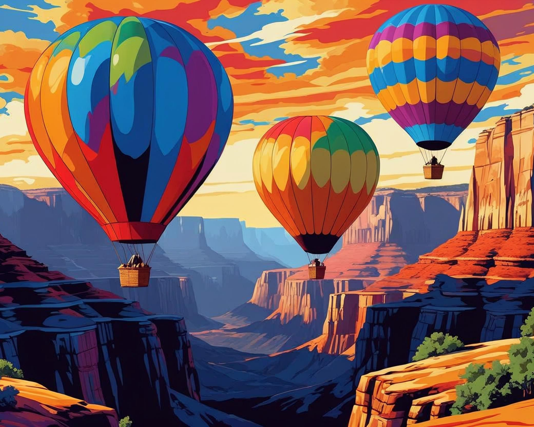 Colorful hot air balloons flying over a canyon landscape with a sunset sky.
